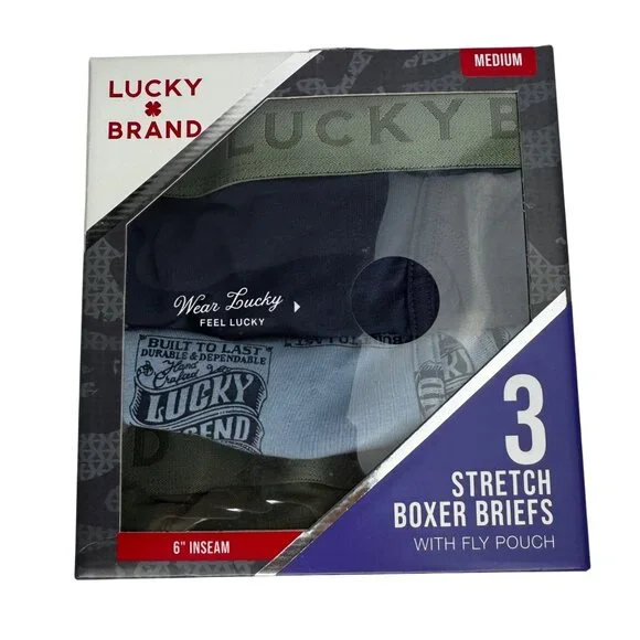 NEW Lucky Brand Sz Med 6'' Inseam 3-Pack Stretch Boxer Briefs Fly Pouch Tagless - Picture 1 of 14